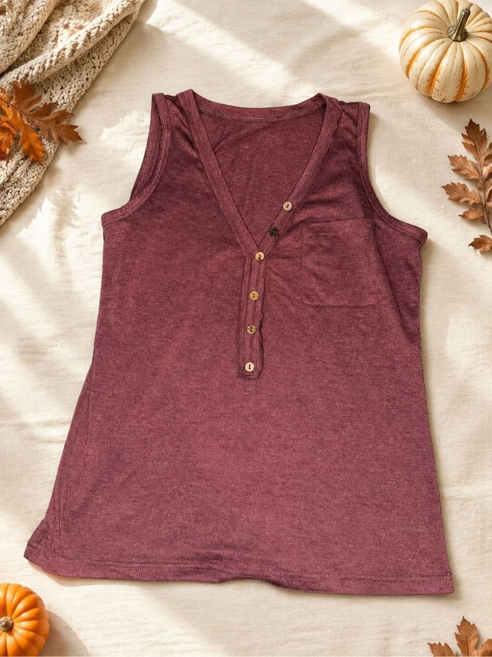 Women’s Burgundy Henley Tank Top Sleeveless V Neck Pocket Casual Fall Shirt
